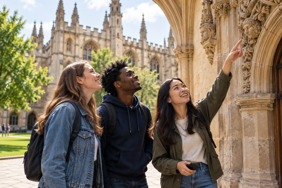 A group exploring a historic courtyard together