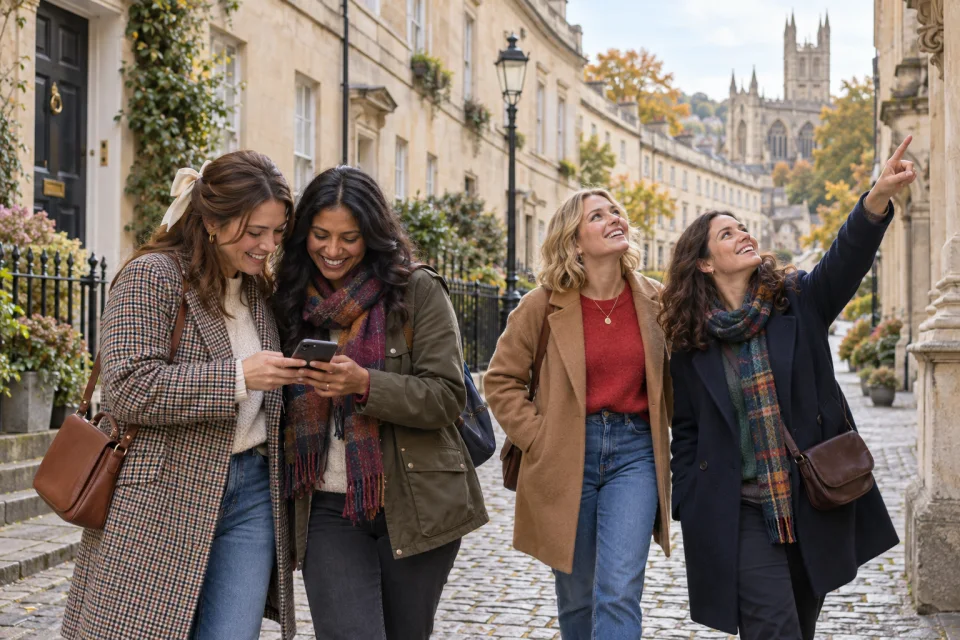Illustrative scene of friends comparing a clue on a British city street